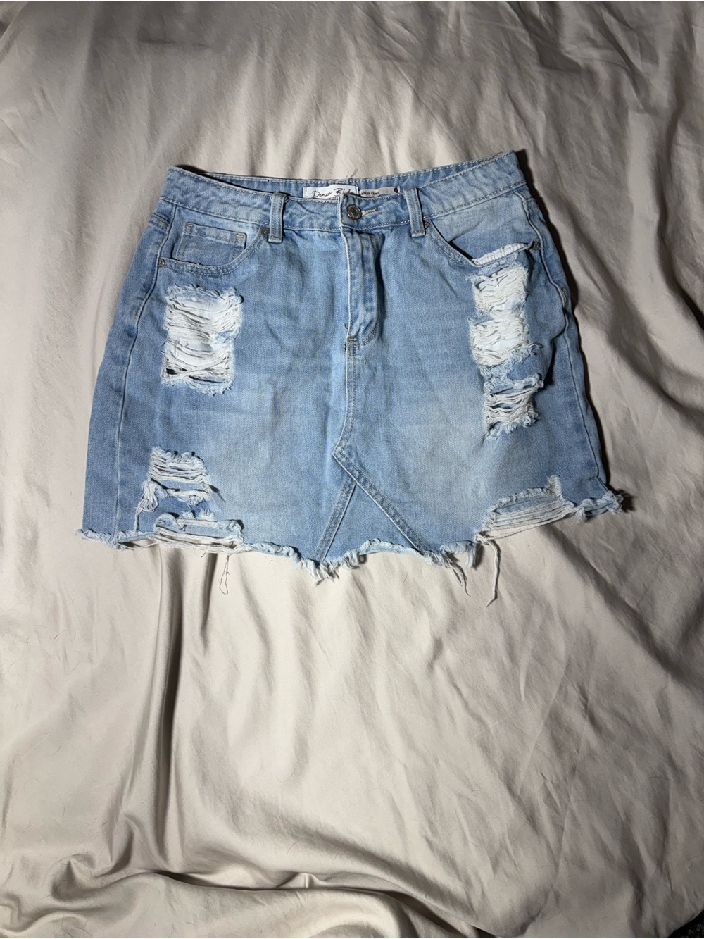 Light Blue Distressed Denim Skirt - Women's